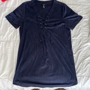Suede navy dress with tie up details.